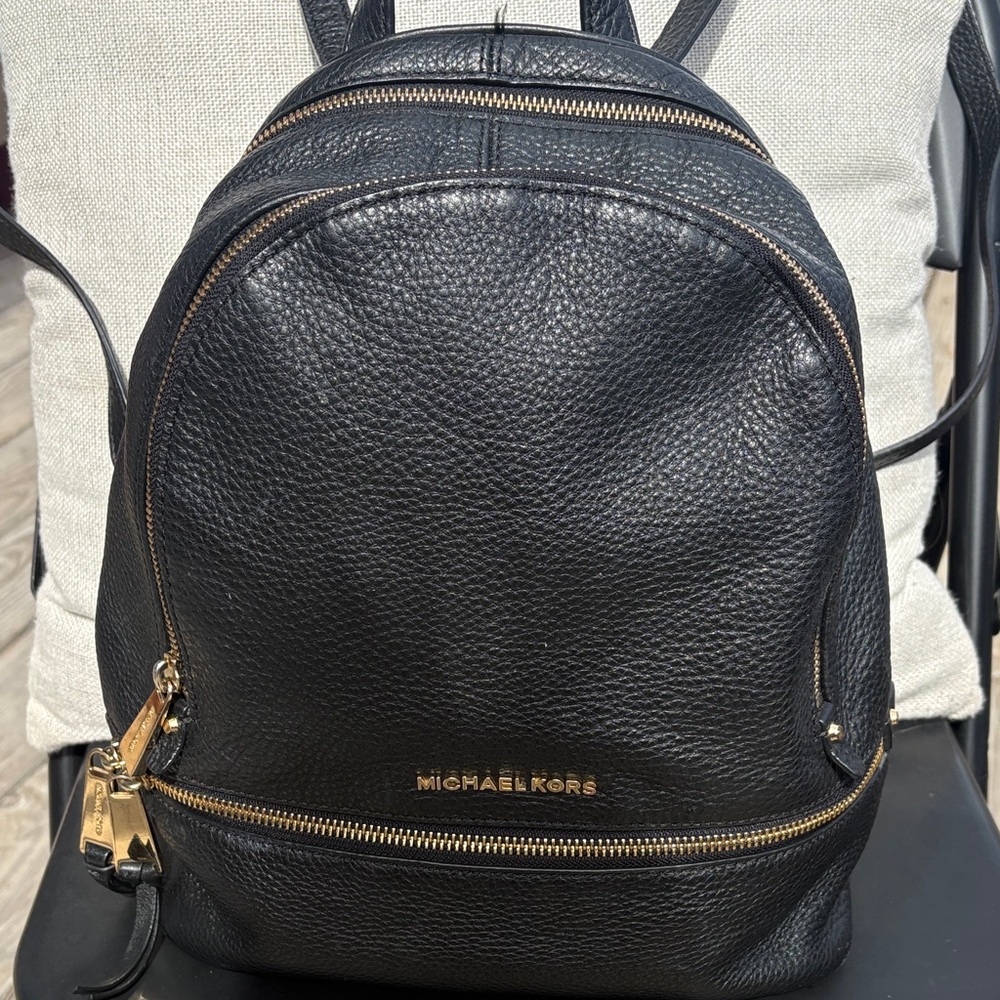 Michael Kors Black Pebbled Leather Backpack with Gold Hardware